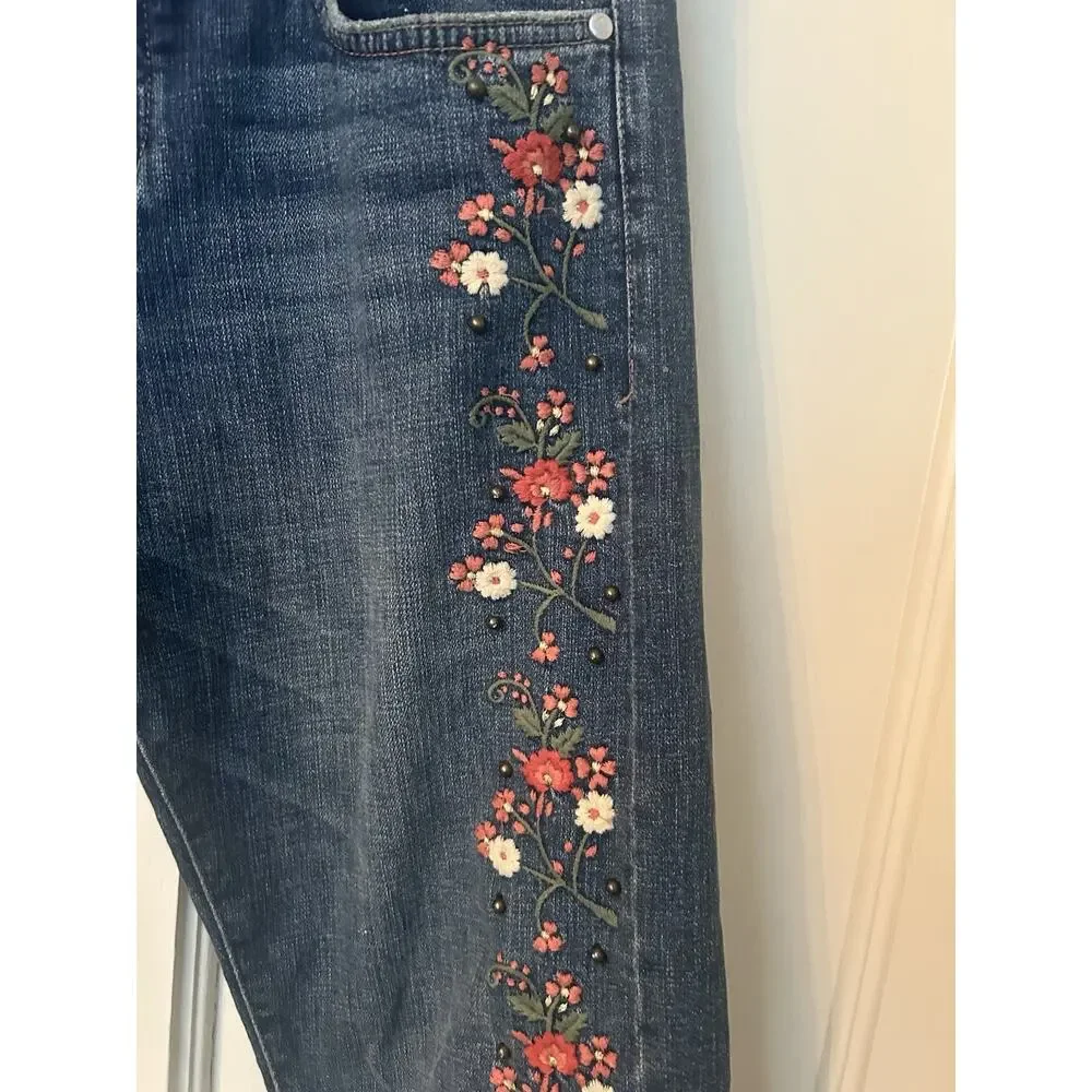 Pilcro Floral Embroidered Beaded Hyphen Straight Leg Jeans Womens Size 28 Blue